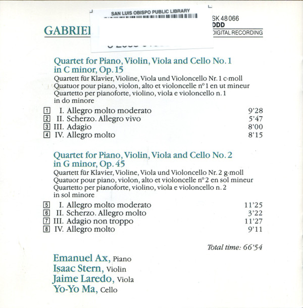 Gabriel Fauré : Emanuel Ax • Isaac Stern • Jaime Laredo • Yo-Yo Ma - Piano Quartets (CD, Album) (Near Mint (NM or M-)) - Image 2