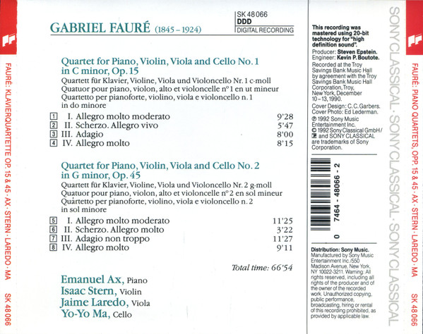 Gabriel Fauré : Emanuel Ax • Isaac Stern • Jaime Laredo • Yo-Yo Ma - Piano Quartets (CD, Album) (Near Mint (NM or M-)) - Image 3