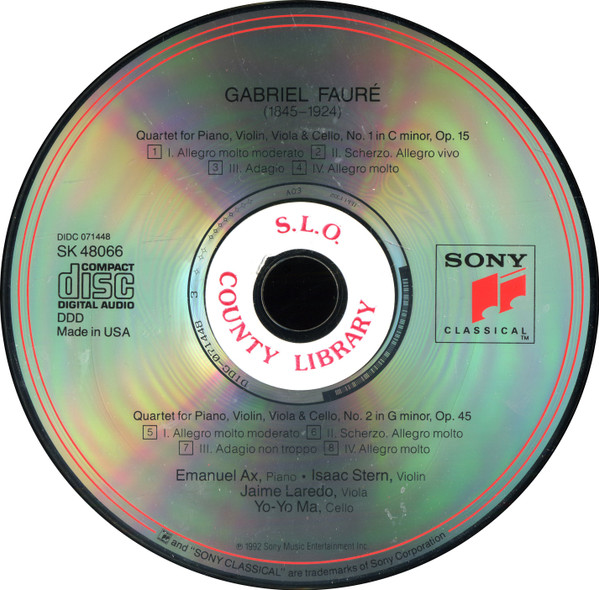 Gabriel Fauré : Emanuel Ax • Isaac Stern • Jaime Laredo • Yo-Yo Ma - Piano Quartets (CD, Album) (Near Mint (NM or M-)) - Image 4