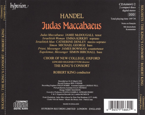Georg Friedrich Händel / Emma Kirkby, Catherine Denley, James Bowman (2), Jamie MacDougall, Michael George (3), The New College Oxford Choir, The King's Consort, Robert King (9) - Judas Maccabaeus (2xCD) (Near Mint (NM or M-)) - Image 2