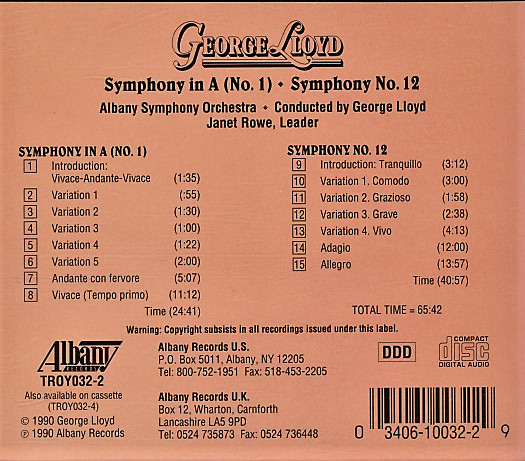 George Lloyd, Albany Symphony Orchestra, Janet Rowe - Symphony in A (No. 1) / Symphony No. 12 (CD, Album) (Near Mint (NM or M-)) - Image 2