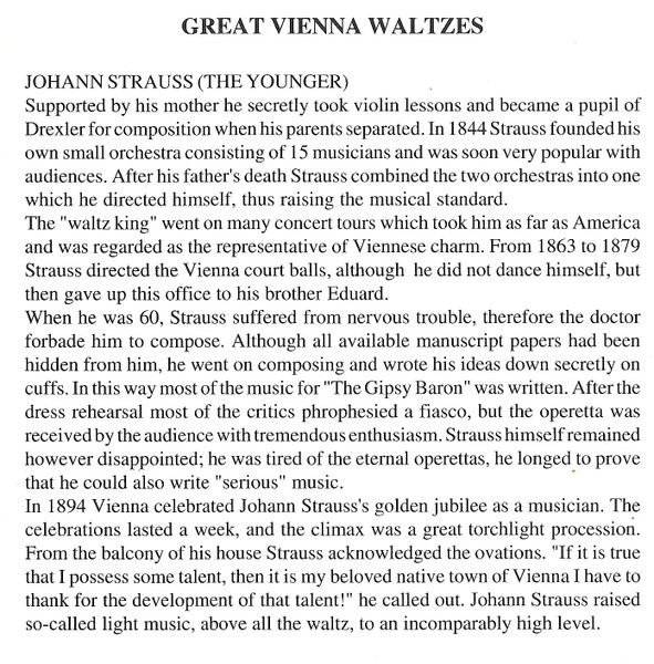 Johann Strauss Jr. - Orchester Der Wiener Staatsoper - Conductor: Carl Michalski - Great Vienna Waltzes (CD, Album) (Near Mint (NM or M-)) - Image 4