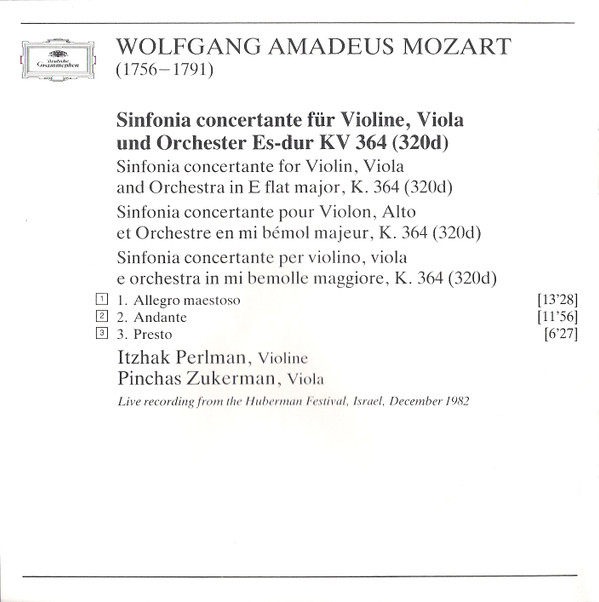 Wolfgang Amadeus Mozart, Itzhak Perlman, Pinchas Zukerman, Israel Philharmonic Orchestra, Zubin Mehta - Sinfonia Concertante K.364 • Concertone K.190 (CD) (Near Mint (NM or M-)) - Image 3