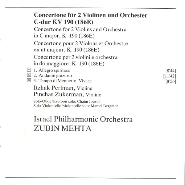 Wolfgang Amadeus Mozart, Itzhak Perlman, Pinchas Zukerman, Israel Philharmonic Orchestra, Zubin Mehta - Sinfonia Concertante K.364 • Concertone K.190 (CD) (Near Mint (NM or M-)) - Image 4