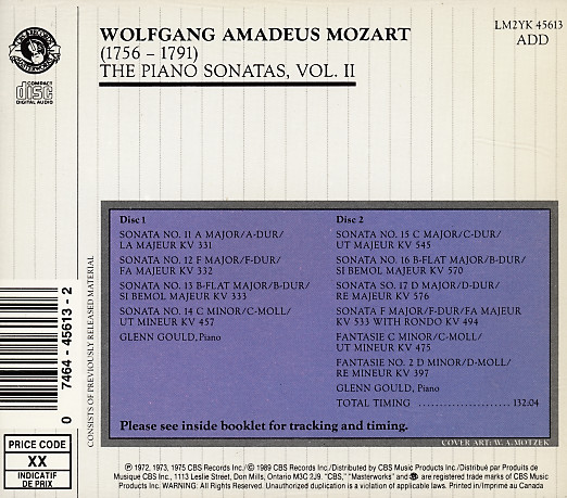 Wolfgang Amadeus Mozart - Glenn Gould - The Piano Sonatas, Vol. II (2xCD, Comp, RE, RM) (Near Mint (NM or M-)) - Image 2