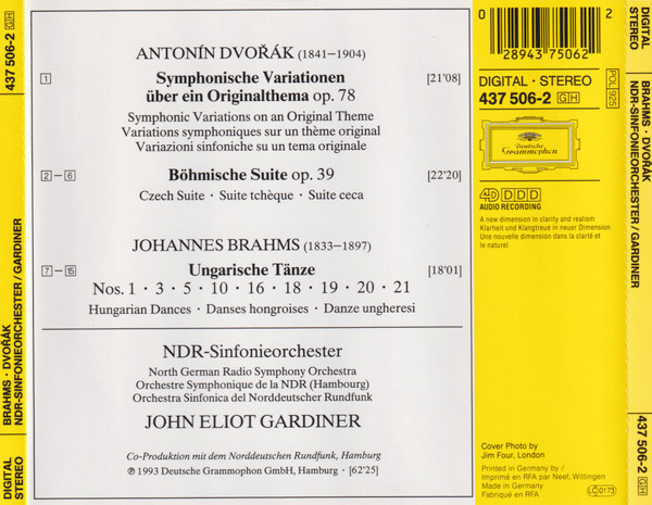 Johannes Brahms, Antonín Dvořák : NDR Sinfonieorchester, John Eliot Gardiner - 9 Ungarische Tänze = Hungarian Dances; Symphonische Variationen = Symphonic Variations, Böhmische Suite = Czech Suite (CD, Album, 4D ) (Near Mint (NM or M-)) - Image 2