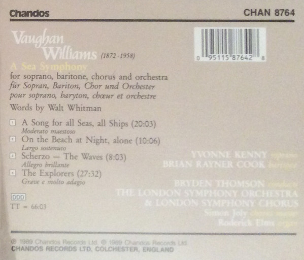 Ralph Vaughan Williams - Yvonne Kenny, Brian Rayner Cook, London Symphony Orchestra & London Symphony Chorus, Bryden Thomson - A Sea Symphony (No.I) (CD, Album) (Near Mint (NM or M-)) - Image 2