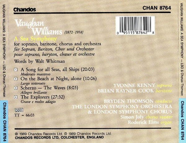 Ralph Vaughan Williams - Yvonne Kenny, Brian Rayner Cook, London Symphony Orchestra & London Symphony Chorus, Bryden Thomson - A Sea Symphony (No.I) (CD, Album) (Near Mint (NM or M-)) - Image 3