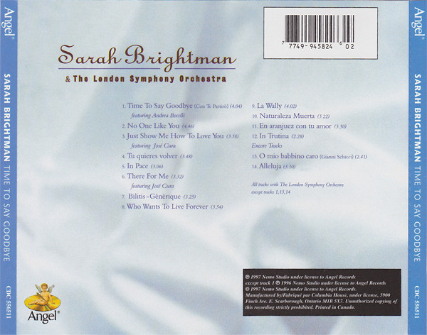 Sarah Brightman & London Symphony Orchestra - Time To Say Goodbye (CD, Album, Club) (Near Mint (NM or M-)) - Image 2