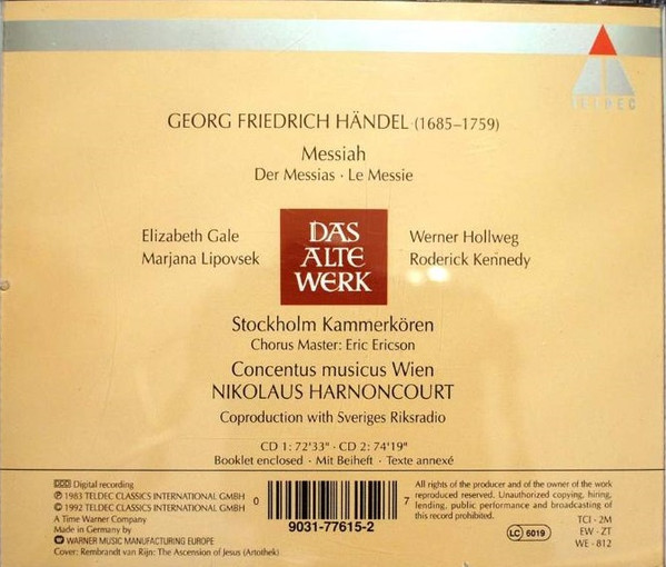 Georg Friedrich Händel - Elizabeth Gale • Marjana Lipovšek • Werner Hollweg • Roderick Kennedy • Kammarkören • Concentus Musicus Wien • Nikolaus Harnoncourt - Messiah (2xCD, Album, RE) (Near Mint (NM or M-)) - Image 2