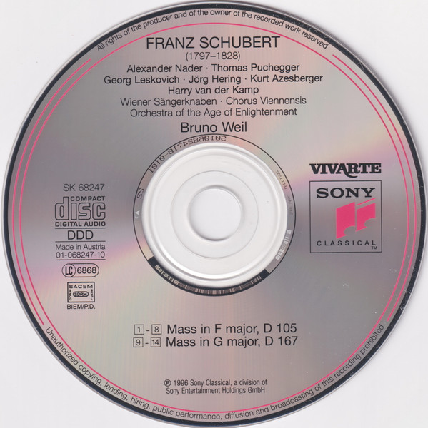 Franz Schubert - Die Wiener Sängerknaben, Chorus Viennensis, Orchestra Of The Age Of Enlightenment, Bruno Weil - Mass In F Major, D 105 / Mass In G Major, D 167 (CD, Album) (Near Mint (NM or M-)) - Image 3