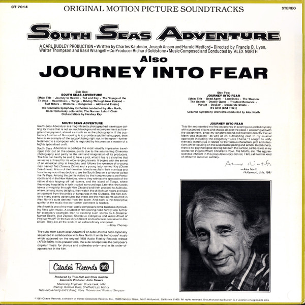 Alex North - South Seas Adventure / Journey Into Fear (LP) (Mint (M)) - Image 2