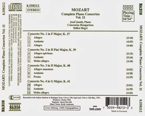 Wolfgang Amadeus Mozart, Jenö Jandó, Concentus Hungaricus, Ildikó Hegyi - Complete Piano Concertos, Vol. 11 (CD, Album, RE) (Near Mint (NM or M-)) - Image 2