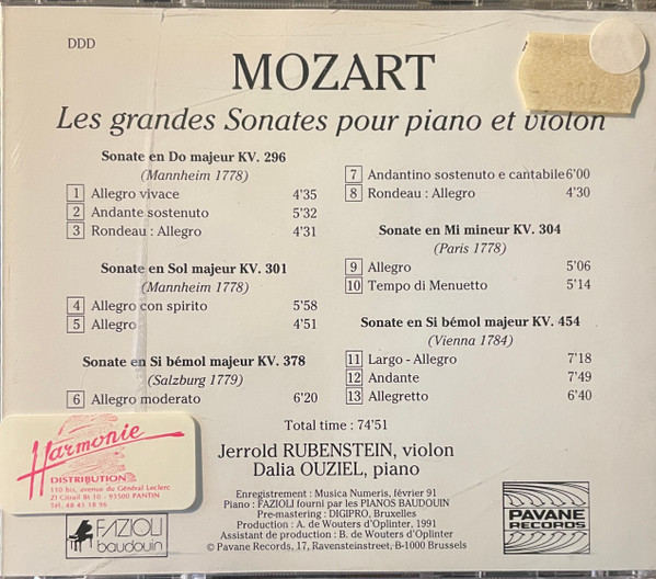 Wolfgang Amadeus Mozart, Jerrold Rubenstein, Dalia Ouziel - The Great Violin Sonatas (CD, Album) (Near Mint (NM or M-)) - Image 4