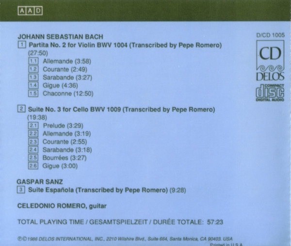 Celedonio Romero - Bach / Sanz (CD, Album) (Near Mint (NM or M-)) - Image 3