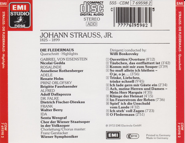 Johann Strauss Jr. - Anneliese Rothenberger, Dietrich Fischer-Dieskau, Nicolai Gedda, Renate Holm, Brigitte Fassbaender, Adolf Dallapozza, Walter Berry, Otto Schenk, Wiener Symphoniker ; Willi Boskovsky - Die Fledermaus - Querschnitt (CD, Album) (Near Mint (NM or M-)) - Image 2