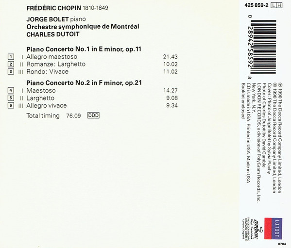 Frédéric Chopin, Jorge Bolet, Charles Dutoit, Orchestre Symphonique De Montréal - Piano Concertos 1 & 2 (CD, Album) (Near Mint (NM or M-)) - Image 2
