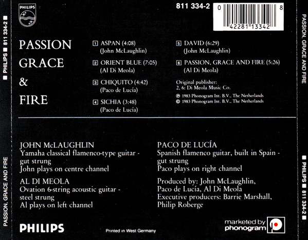 John McLaughlin, Al Di Meola, Paco De Lucía - Passion Grace & Fire (CD, Album) (Mint (M)) - Image 2