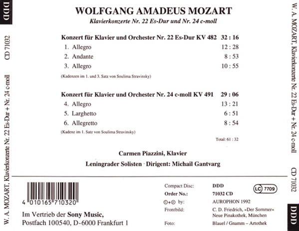 Wolfgang Amadeus Mozart - Carmen Piazzini, Leningrad Soloists, Michail Gantvarg - Klavierkonzerte Nr. 22 Es-Dur + Nr. 24 C-Moll (CD) (Very Good Plus (VG+)) - Image 2