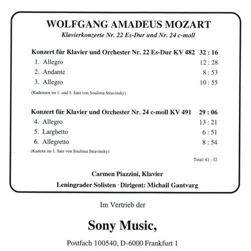 Wolfgang Amadeus Mozart - Carmen Piazzini, Leningrad Soloists, Michail Gantvarg - Klavierkonzerte Nr. 22 Es-Dur + Nr. 24 C-Moll (CD) (Very Good Plus (VG+)) - Image 3