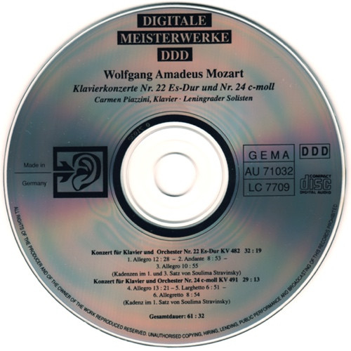 Wolfgang Amadeus Mozart - Carmen Piazzini, Leningrad Soloists, Michail Gantvarg - Klavierkonzerte Nr. 22 Es-Dur + Nr. 24 C-Moll (CD) (Very Good Plus (VG+)) - Image 4
