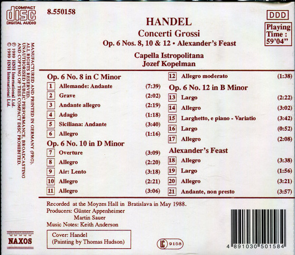 Georg Friedrich Händel, Capella Istropolitana, Jozef Kopelman - Concerti Grossi Op.6 Nos. 8, 10 & 12 - Alexander's Feast (CD) (Near Mint (NM or M-)) - Image 3