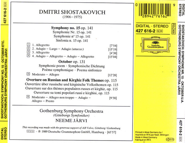 Dmitri Shostakovich - Göteborgs Symfoniker, Neeme Järvi - Symphony No. 15 • October • Overture On Russian & Kirghiz Folk Themes (CD, Album) (Mint (M)) - Image 2