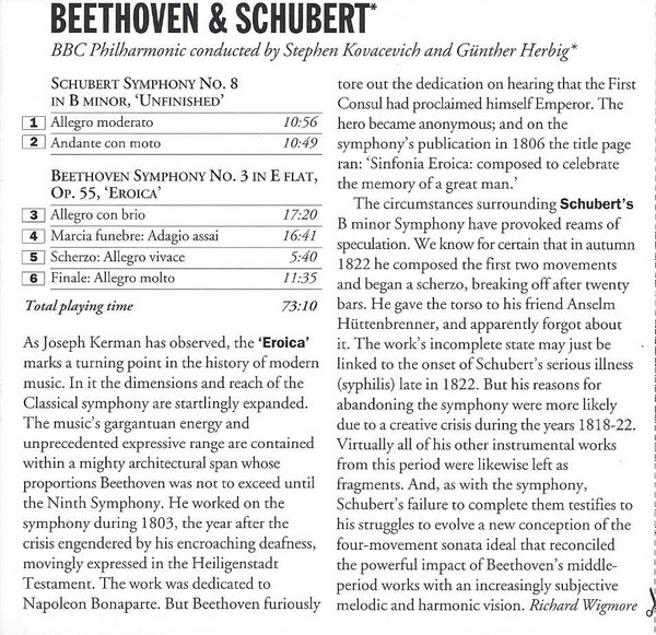 Ludwig Van Beethoven / Franz Schubert, BBC Philharmonic, Stephen Bishop-Kovacevich / Günther Herbig - Symphony No.3 Eroica / Symphony No.8 Unfinished (CD) (Near Mint (NM or M-)) - Image 2