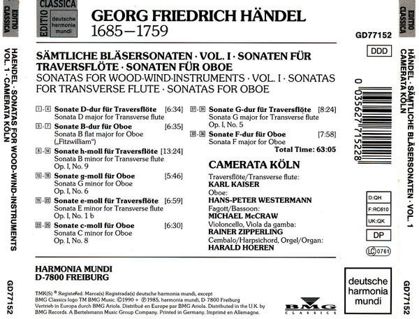 Georg Friedrich Händel, Camerata Köln - Sämtliche Bläsersonaten Volume I (CD, Album, RE) (Near Mint (NM or M-)) - Image 2
