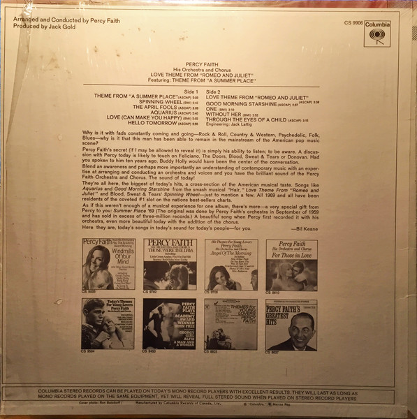 Percy Faith And His Orchestra And Chorus - Love Theme From "Romeo And Juliet" (LP, Album) (Mint (M)) - Image 2