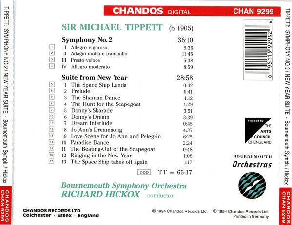 Sir Michael Tippett - Bournemouth Symphony Orchestra, Richard Hickox - Symphony No. 2 / Suite From New Year (CD) (Near Mint (NM or M-)) - Image 2