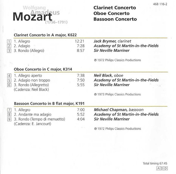 Wolfgang Amadeus Mozart, Jack Brymer, Neil Black (3), Michael Chapman (4), The Academy Of St. Martin-in-the-Fields, Sir Neville Marriner - Clarinet Concerto / Oboe Concerto / Bassoon Concerto (CD, Comp) (Near Mint (NM or M-)) - Image 2