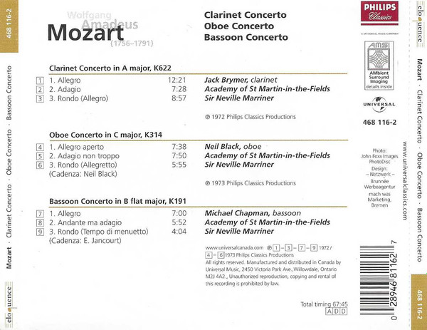 Wolfgang Amadeus Mozart, Jack Brymer, Neil Black (3), Michael Chapman (4), The Academy Of St. Martin-in-the-Fields, Sir Neville Marriner - Clarinet Concerto / Oboe Concerto / Bassoon Concerto (CD, Comp) (Near Mint (NM or M-)) - Image 3