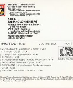 Alternative view of Nadja Salerno-Sonnenberg, Felix Mendelssohn-Bartholdy, Camille Saint-Saëns, Jules Massenet, New York Chamber Symphony, Gerard Schwarz - Concerto In E Minor / Havanaise / Introduction & Rondo Capriccioso / Meditation From "Thaïs" (CD, Album, Club) (Near Mint (NM or M-))