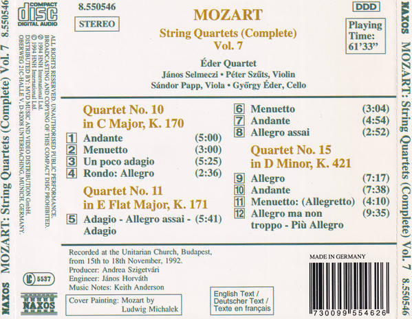 Wolfgang Amadeus Mozart - Éder Quartet - String Quartets (Complete) Vol. 7 - K. 170 • K. 171 • K. 421 (CD, Album) (Near Mint (NM or M-)) - Image 3