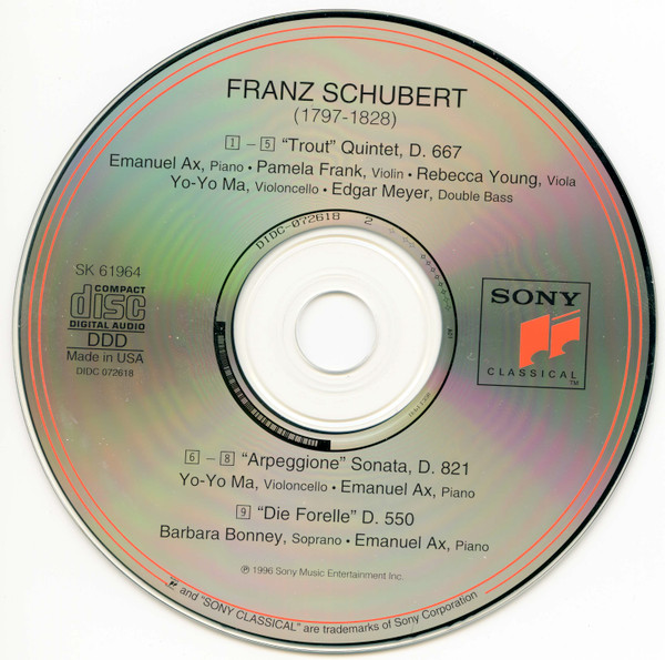 Franz Schubert, Emanuel Ax, Pamela Frank, Rebecca Young, Yo-Yo Ma, Edgar Meyer, Barbara Bonney - Quintet Op. 114 "The Trout"/"Die Forelle"/"La Truite" (CD, Album, SBM) (Near Mint (NM or M-)) - Image 2
