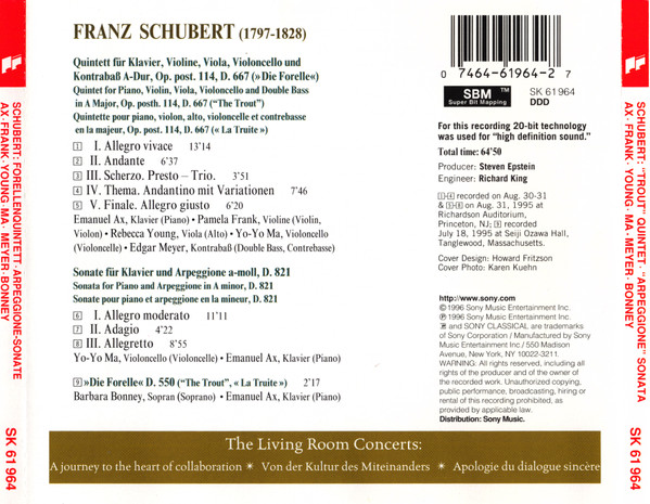 Franz Schubert, Emanuel Ax, Pamela Frank, Rebecca Young, Yo-Yo Ma, Edgar Meyer, Barbara Bonney - Quintet Op. 114 "The Trout"/"Die Forelle"/"La Truite" (CD, Album, SBM) (Near Mint (NM or M-)) - Image 3