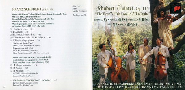 Franz Schubert, Emanuel Ax, Pamela Frank, Rebecca Young, Yo-Yo Ma, Edgar Meyer, Barbara Bonney - Quintet Op. 114 "The Trout"/"Die Forelle"/"La Truite" (CD, Album, SBM) (Near Mint (NM or M-)) - Image 4