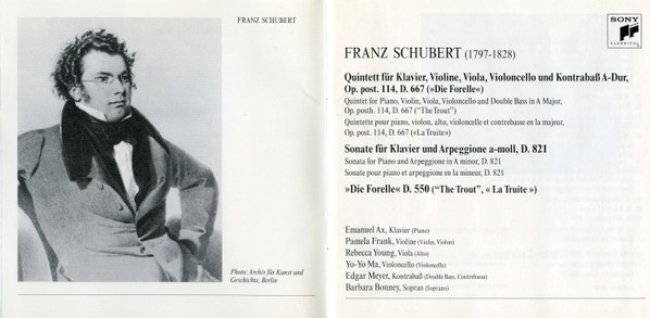 Franz Schubert, Emanuel Ax, Pamela Frank, Rebecca Young, Yo-Yo Ma, Edgar Meyer, Barbara Bonney - Quintet Op. 114 "The Trout"/"Die Forelle"/"La Truite" (CD, Album, SBM) (Near Mint (NM or M-)) - Image 5