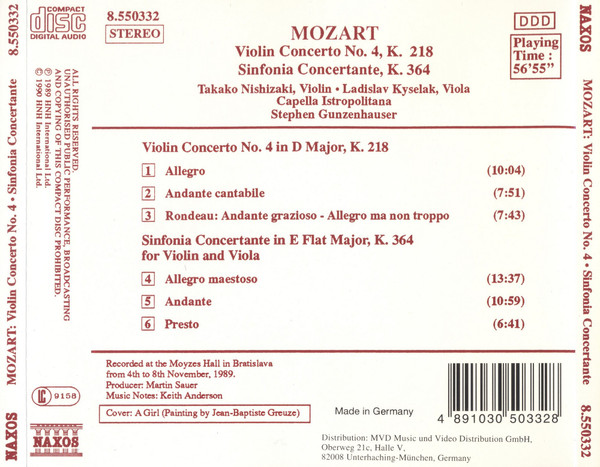 Wolfgang Amadeus Mozart - Takako Nishizaki, Ladislav Kyselák, Capella Istropolitana, Stephen Gunzenhauser - Violin Concerto No. 4, K. 218 (Violinkonzert, Concerto Pour Violon) / Sinfonia Concertante, K. 364 For Violin And Viola (CD, Album) (Near Mint (NM or M-)) - Image 2