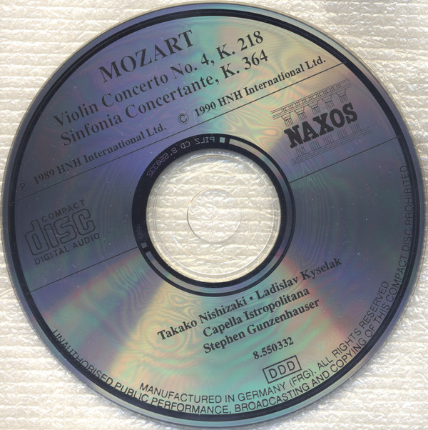 Wolfgang Amadeus Mozart - Takako Nishizaki, Ladislav Kyselák, Capella Istropolitana, Stephen Gunzenhauser - Violin Concerto No. 4, K. 218 (Violinkonzert, Concerto Pour Violon) / Sinfonia Concertante, K. 364 For Violin And Viola (CD, Album) (Near Mint (NM or M-)) - Image 3