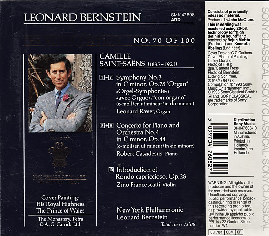 Camille Saint-Saëns, New York Philharmonic, Leonard Bernstein, Robert Casadesus, Zino Francescatti - Symphony No.3 "Organ"/Concerto For Piano And Orchestra No.4/Introduction Et Rondo Capriccioso (CD, Comp, RM) (Near Mint (NM or M-)) - Image 2