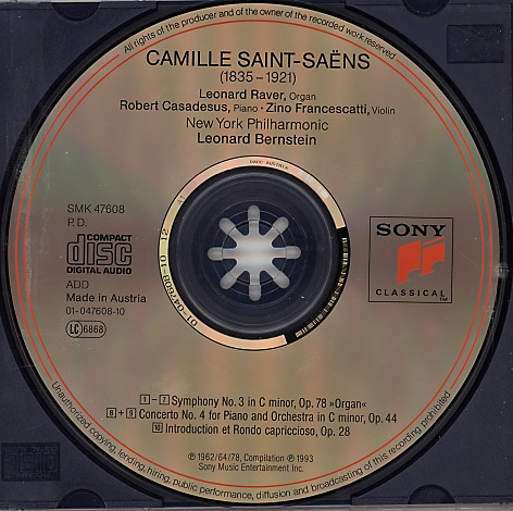 Camille Saint-Saëns, New York Philharmonic, Leonard Bernstein, Robert Casadesus, Zino Francescatti - Symphony No.3 "Organ"/Concerto For Piano And Orchestra No.4/Introduction Et Rondo Capriccioso (CD, Comp, RM) (Near Mint (NM or M-)) - Image 3