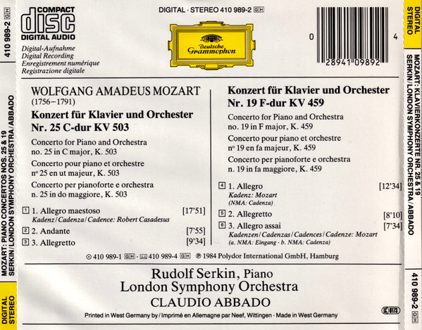 Wolfgang Amadeus Mozart, London Symphony Orchestra, Rudolf Serkin, Claudio Abbado - Klavierkonzerte = Piano Concertos Nos. 25 & 19 (CD) (Near Mint (NM or M-)) - Image 2