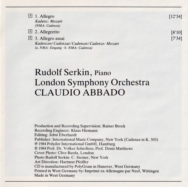 Wolfgang Amadeus Mozart, London Symphony Orchestra, Rudolf Serkin, Claudio Abbado - Klavierkonzerte = Piano Concertos Nos. 25 & 19 (CD) (Near Mint (NM or M-)) - Image 5