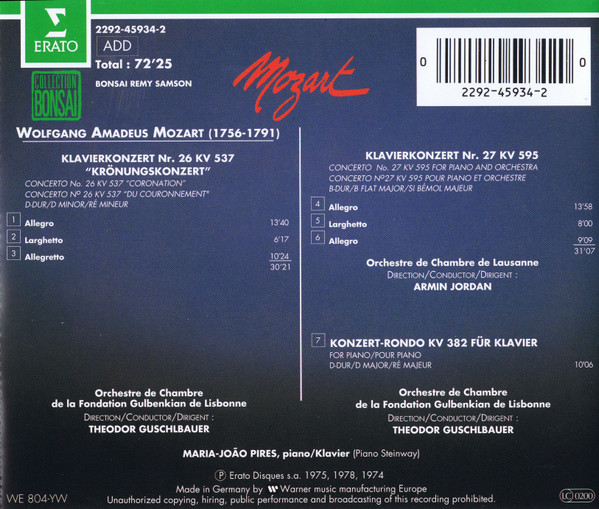 Wolfgang Amadeus Mozart : Maria-João Pires - Klavierkonzerte Nr. 26 "Krönungskonzert" & 27 (CD, Comp) (Near Mint (NM or M-)) - Image 3