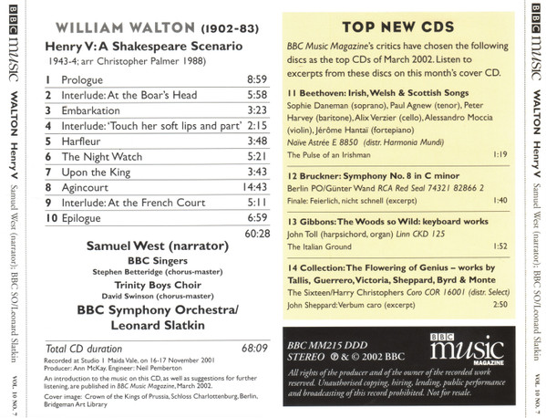 Sir William Walton, Samuel West, BBC Symphony Orchestra, Leonard Slatkin - Henry V (CD) (Near Mint (NM or M-)) - Image 3
