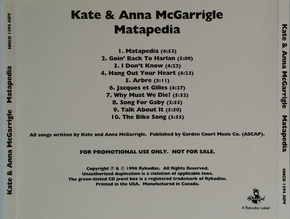 Kate & Anna McGarrigle - Matapedia (CD, Advance, Album, Promo) (Near Mint (NM or M-)) - Image 4