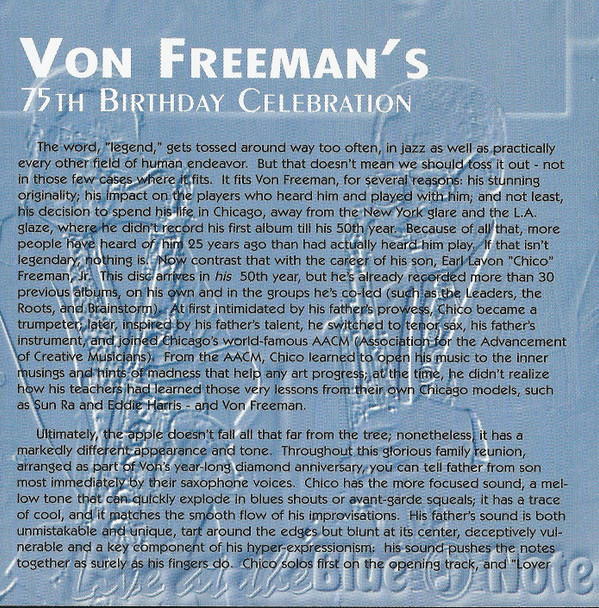 Von Freeman With Chico Freeman Quartet - Von Freeman's 75th Birthday Celebration - Live At The Blue Note (CD, Album) (Mint (M)) - Image 5