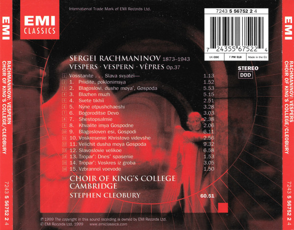 Sergei Vasilyevich Rachmaninoff / The King's College Choir Of Cambridge, Stephen Cleobury - Vespers (CD) (Near Mint (NM or M-)) - Image 2